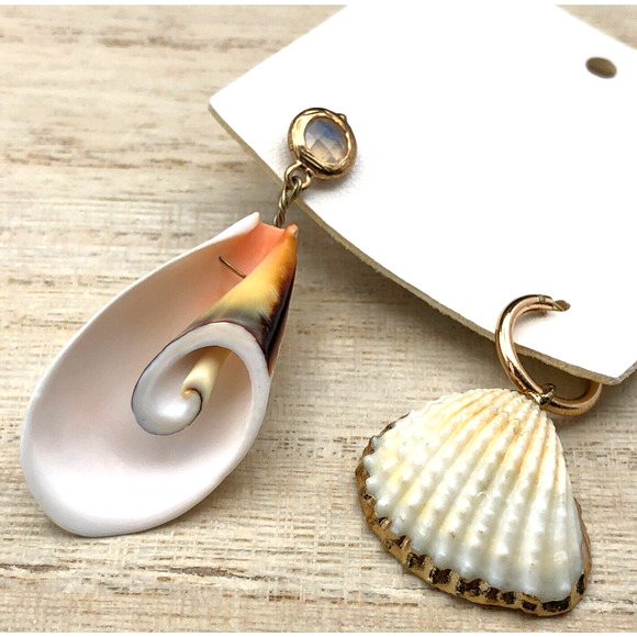 Free People Jewelry - Free People Earrings Mismatched Natural Shell Dangles Gold Plated Hoop Stud NWT